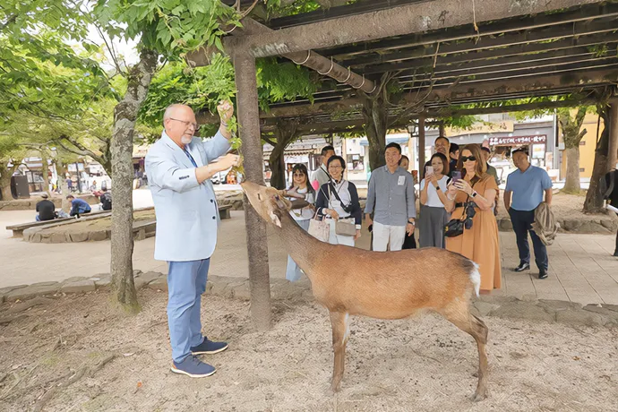 公園で鹿とふれあう海外からの見学参加者